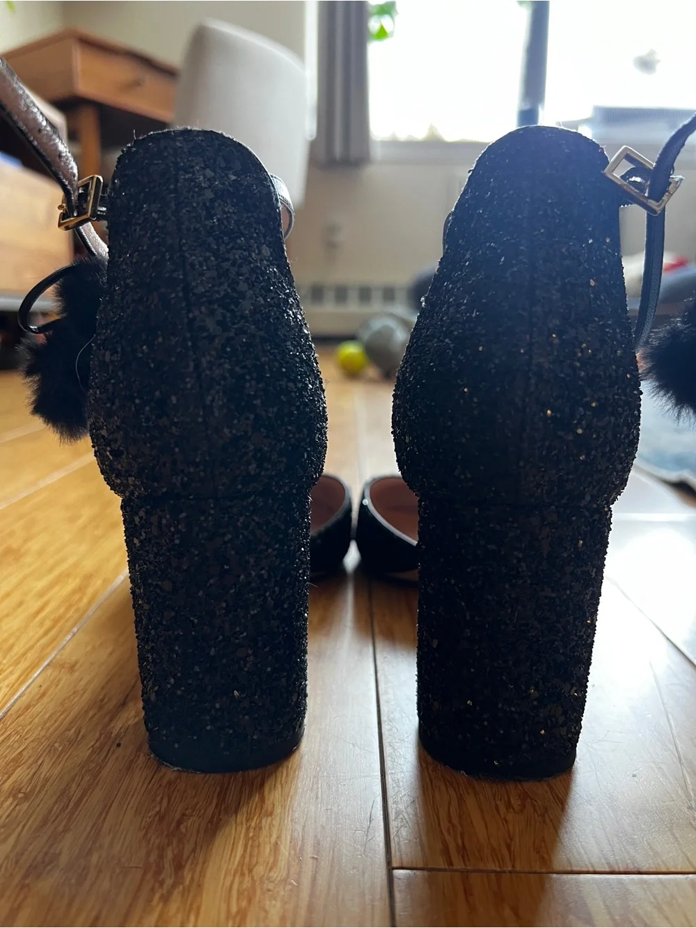 kate spade Abigail Black Glitter Ankle-Strap Block Heels with Pom Pom